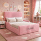 A pink upholstered bed with a tall channel-tufted headboard and matching footboard,