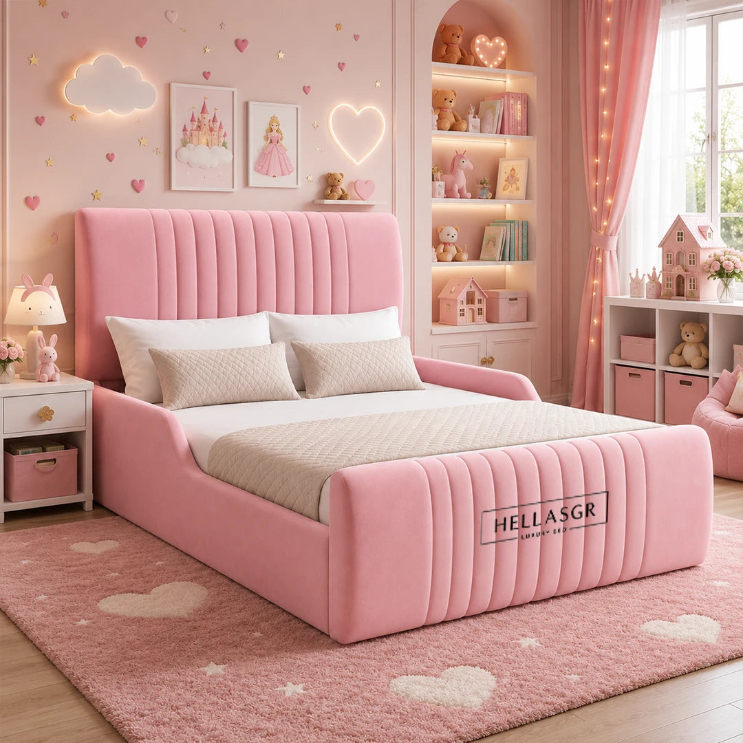 A pink upholstered bed with a tall channel-tufted headboard and matching footboard,