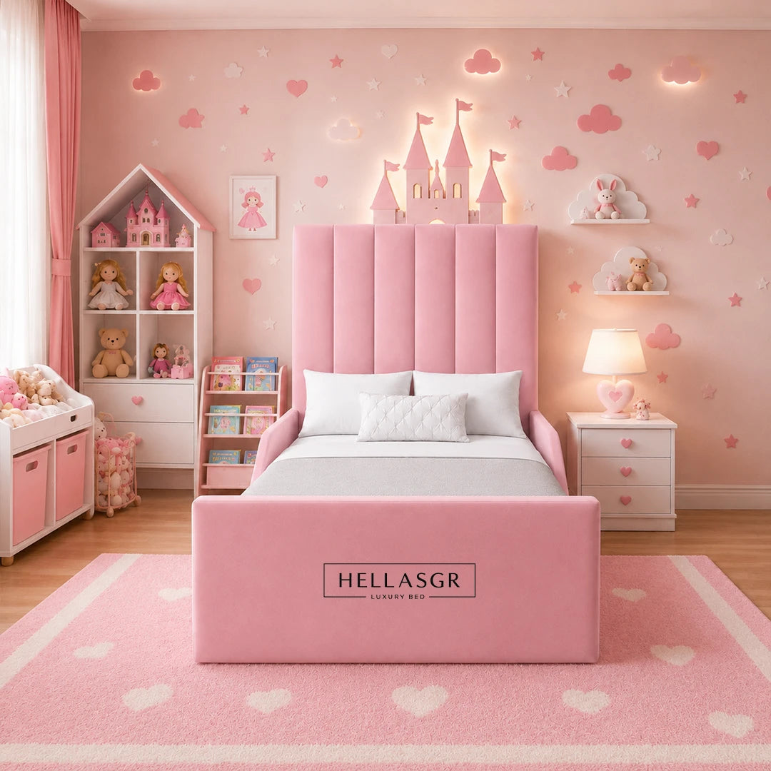 A pink children's bed with a tall channel-tufted headboard and matching footboard