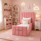 pink kids bed, high headboard bed, single bed