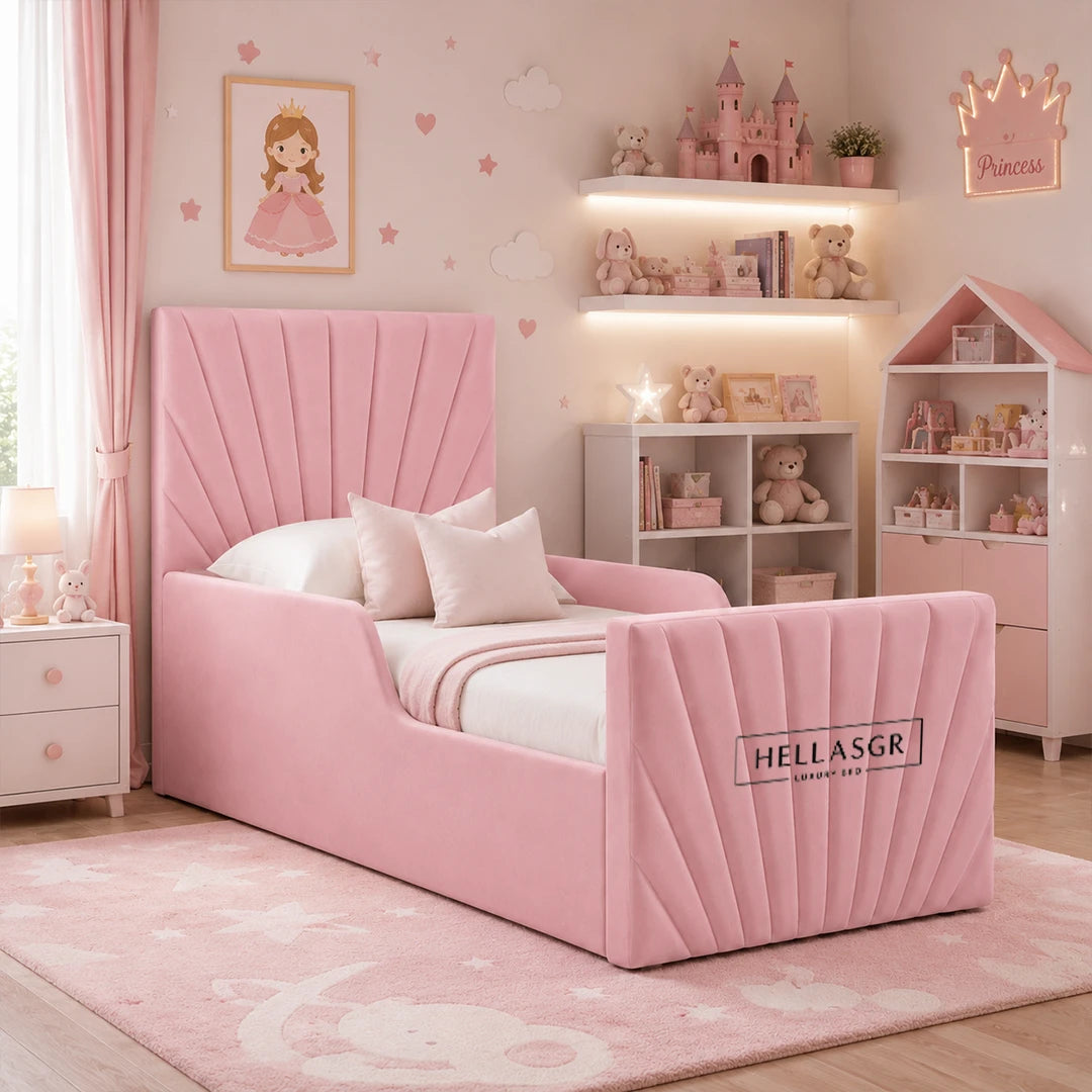 A pink children's single bed with a pleated headboard and footboard