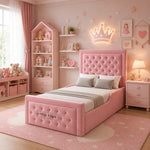 A pink tufted bed frame with a matching headboard and footboard