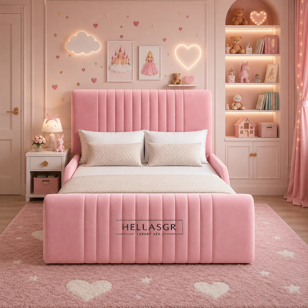 A pink upholstered bed with a tall channel-tufted headboard and matching footboard,