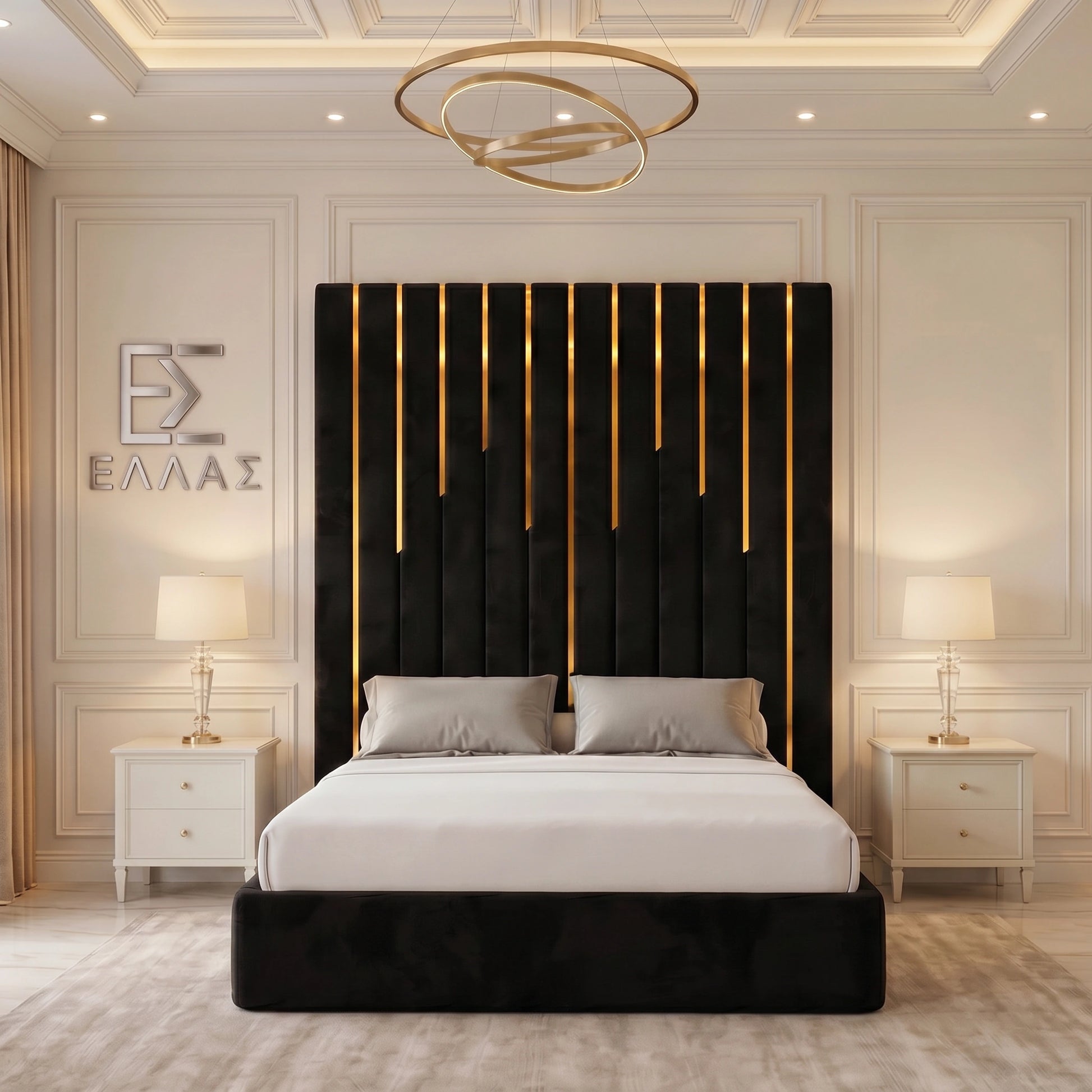 Modern bedroom with a black headboard and white bedding, Piano Gold Trim bed featuring a decorative ceiling light and nightstands.