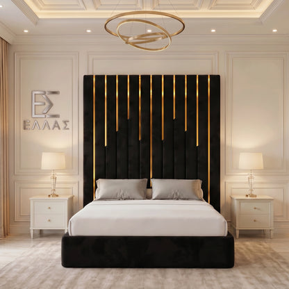 Modern bedroom with a black headboard and white bedding, Piano Gold Trim bed featuring a decorative ceiling light and nightstands.