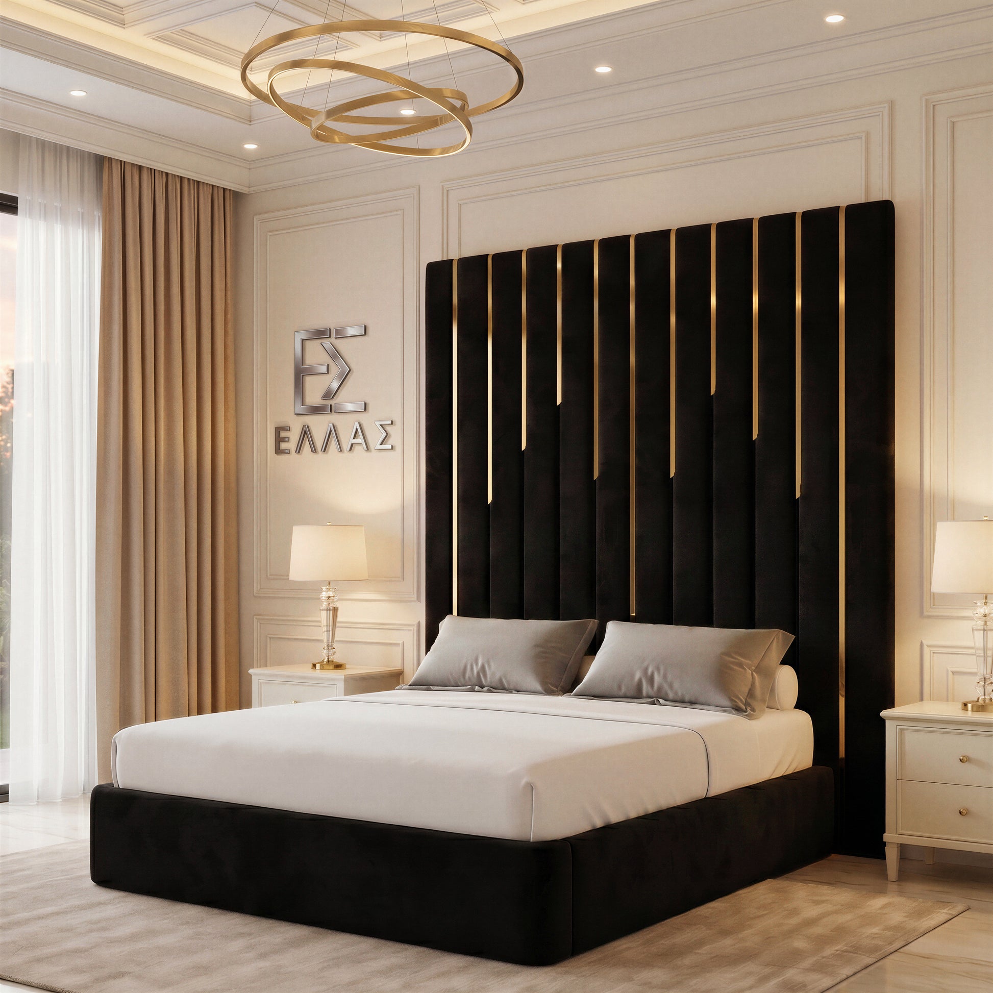 Modern bedroom with a black and gold headboard, white bedding, and decorative elements.