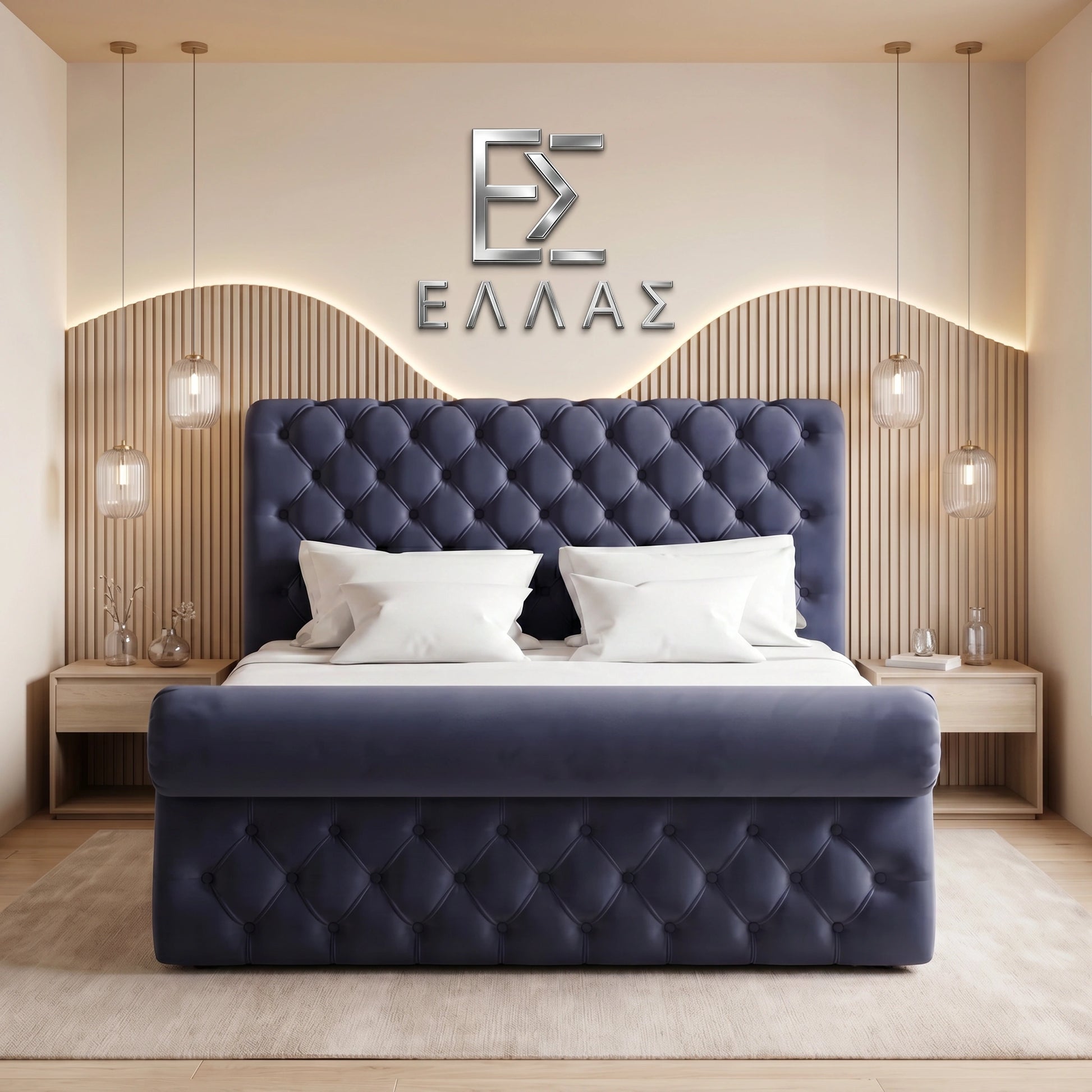 Navy tufted Prisma Royal bed in a modern bedroom with decorative wall and lighting.