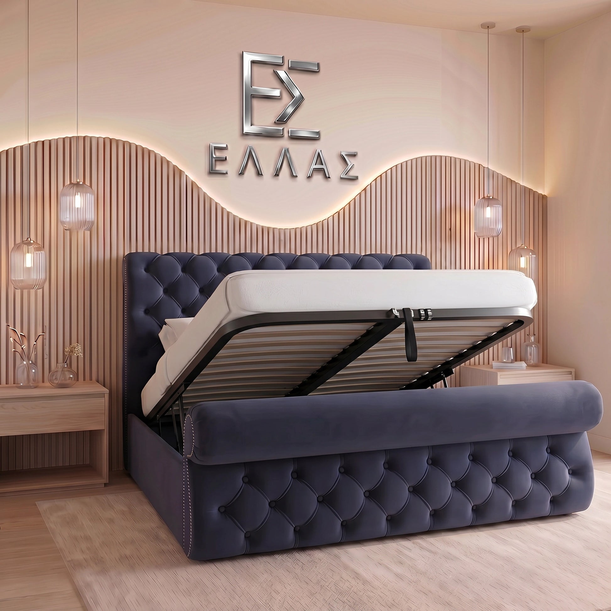 Blue tufted Prisma Royal bed with white mattress in a bedroom setting, featuring a decorative wall with 'ΕΛΛΑΣ' text.