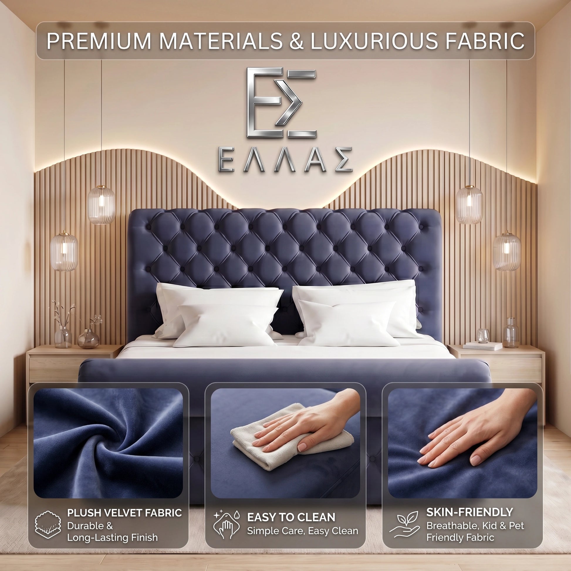 Bedroom with a blue tufted headboard and plush velvet fabric, featuring a Prisma Royal bed