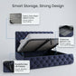 Navy tufted storage Prisma Royal bed with labeled features on a gray background