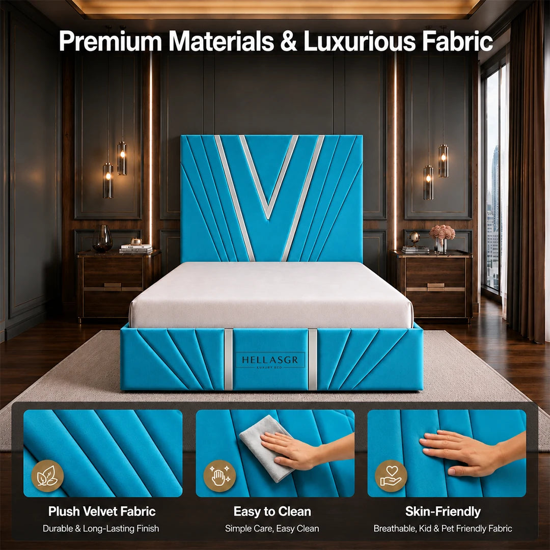 Vector Silver Trim Bed, Silver Trim Bed, Storage Compartment Bed, High Headboard Bed