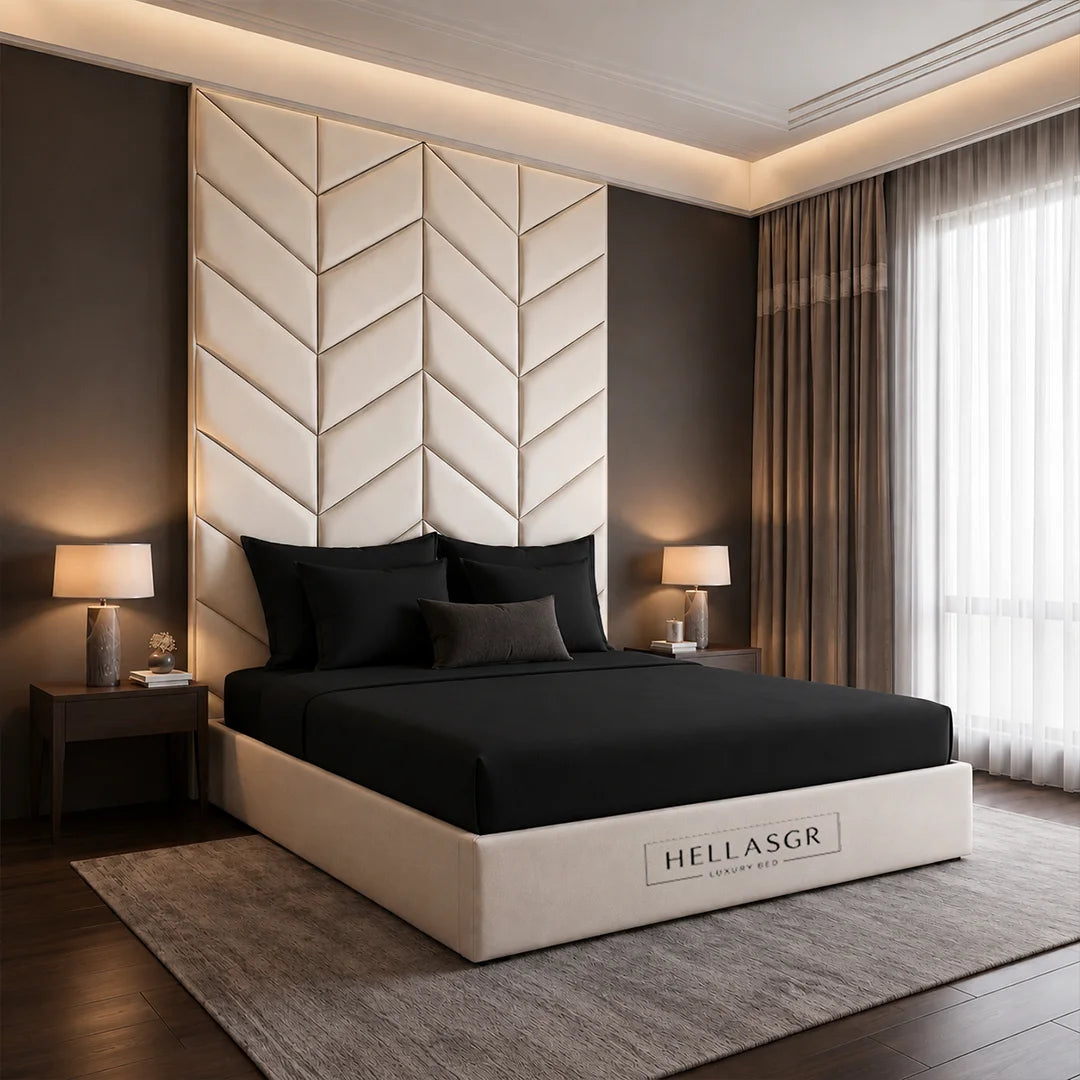 Leaf Panel Bed with High Headboard, Leaf Panel Bed, High Headboard Bed, Storage Bed