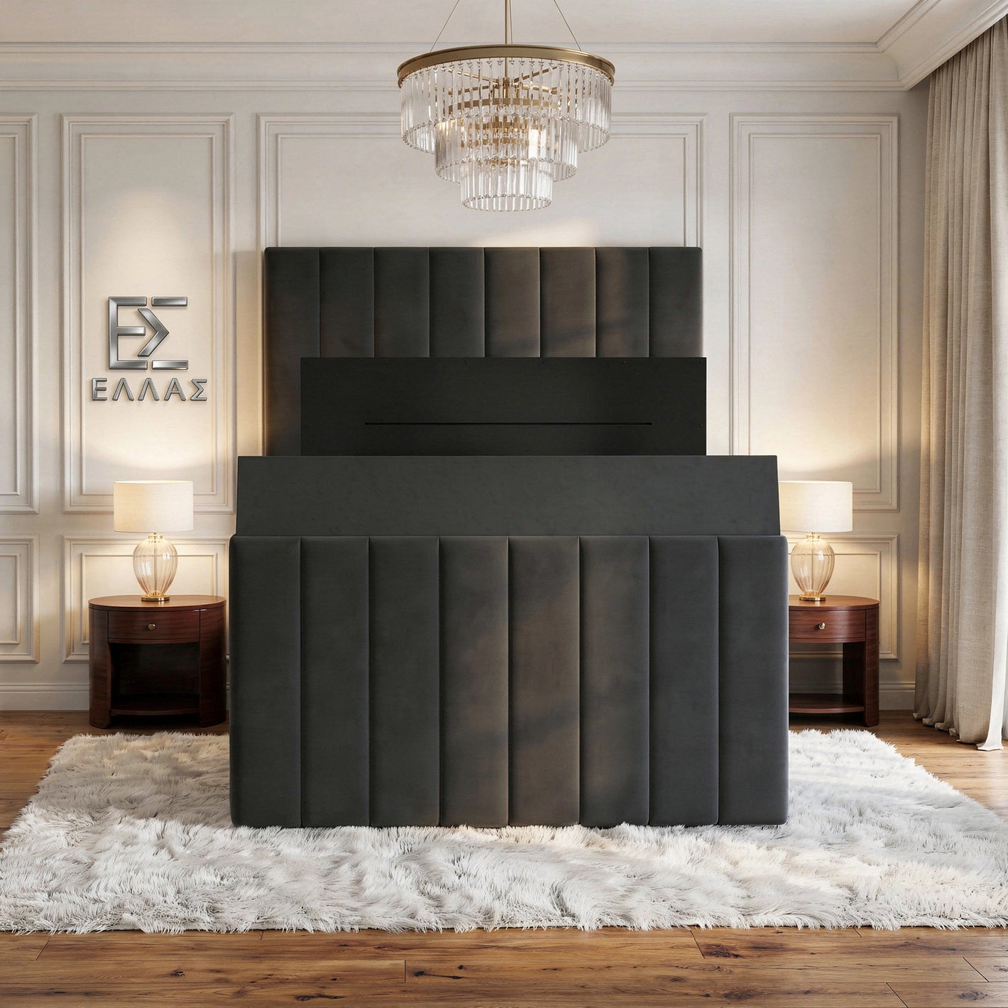 Modern black Verto TV bed with tufted design in a stylish bedroom setting.
