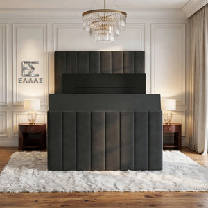 Modern black Verto TV bed with tufted design in a stylish bedroom setting.