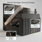Dark gray Verto TV  bed with storage compartments and features highlighted on a light gray background