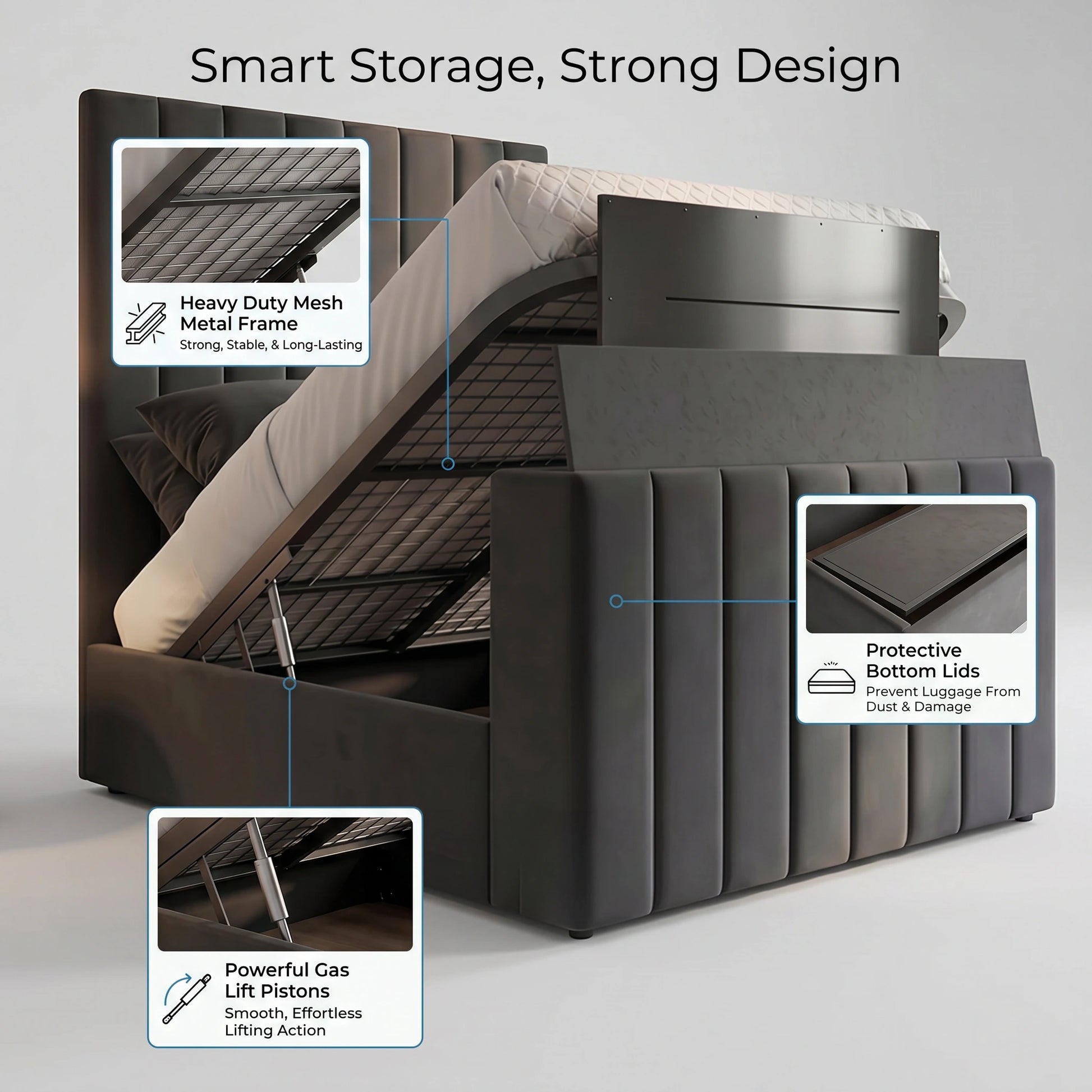 Dark gray Verto TV  bed with storage compartments and features highlighted on a light gray background