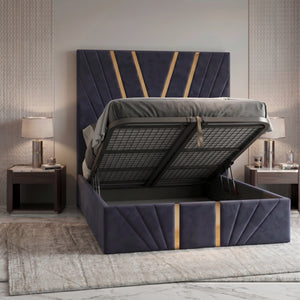 Vector Gold Trim Bed, Gold Trim Bed, Storage Compartment Bed, High Headboard Bed