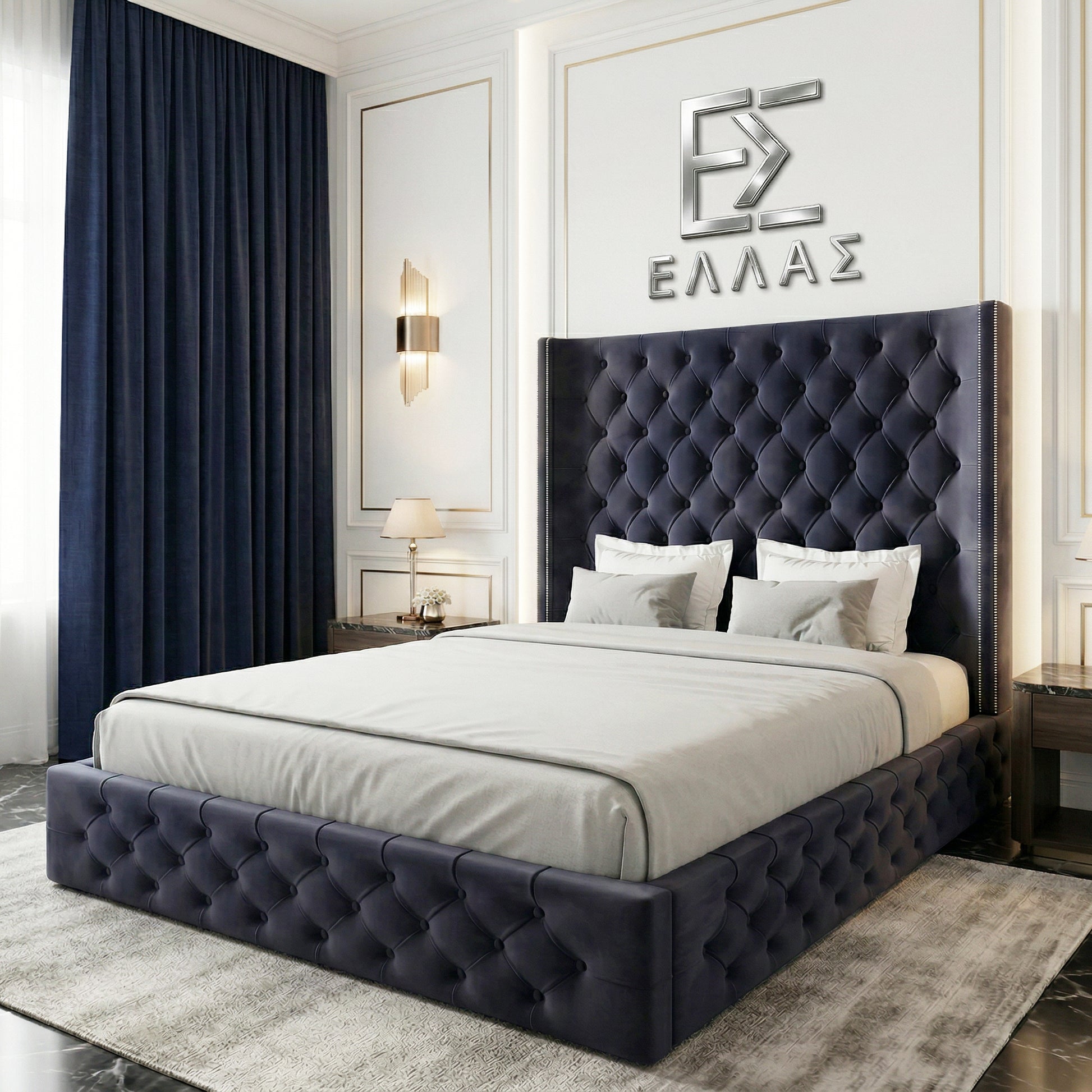 Modern bedroom with a black tufted Midnight Columbus bed and decorative wall art.