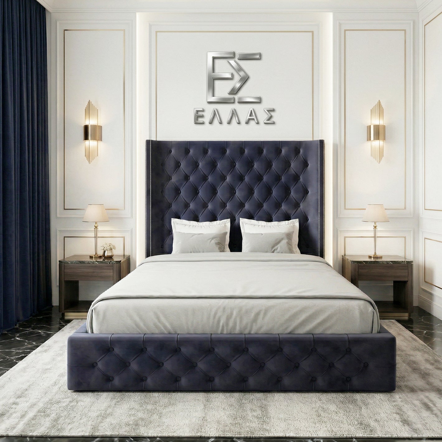 Modern bedroom with a tufted blue Midnight Columbus bed and decorative wall logo.