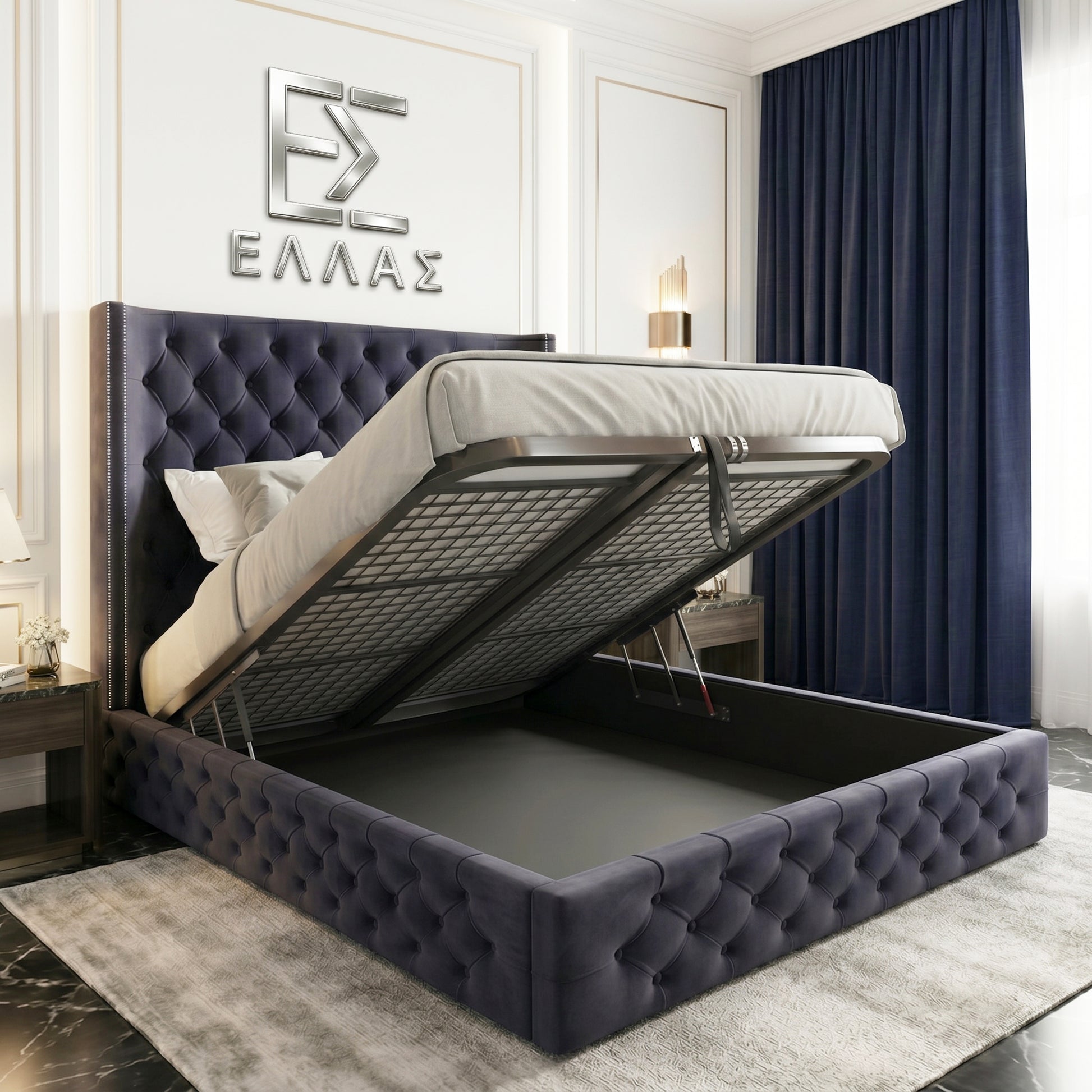 Modern bedroom with a tufted Midnight Columbus bed frame and open storage compartment.