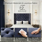 Navy tufted headboard with plush velvet fabric in a bedroom setting, featuring Midnight Columbus bed.