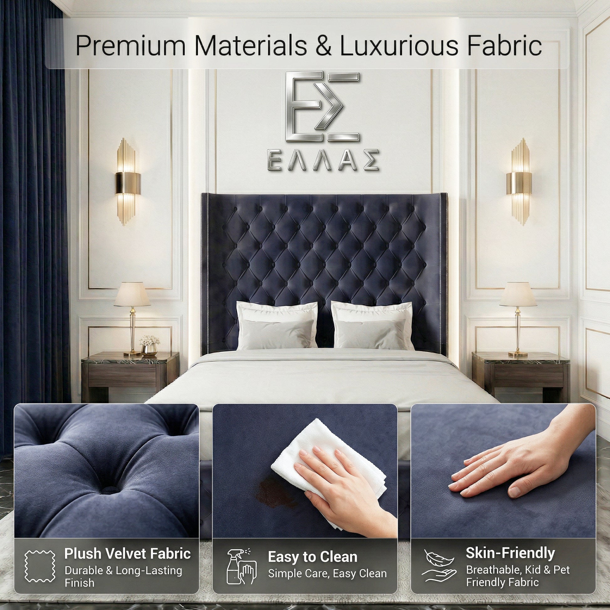 Navy tufted headboard with plush velvet fabric in a bedroom setting, featuring Midnight Columbus bed.