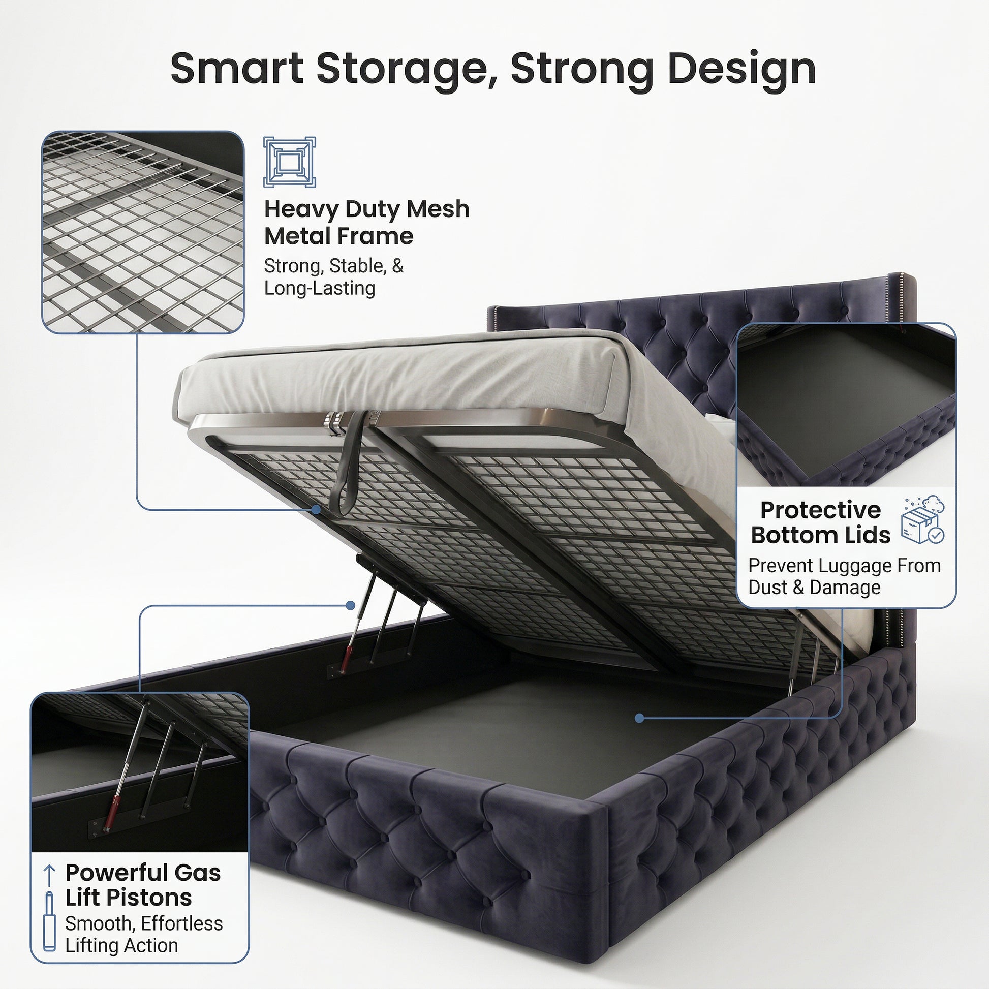 Storage Midnight Columbus bed with features highlighted on a white background