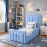 blue kids bed, high headboard, single kids bed