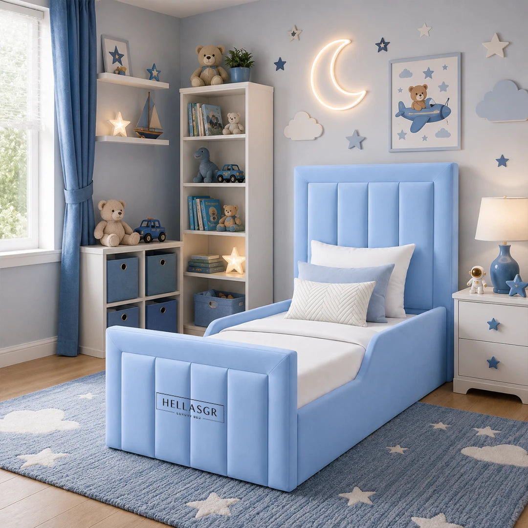 blue kids bed, high headboard, single kids bed