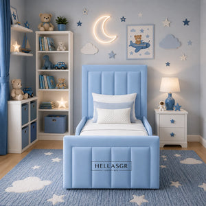 blue kids bed, high headboard, single kids bed